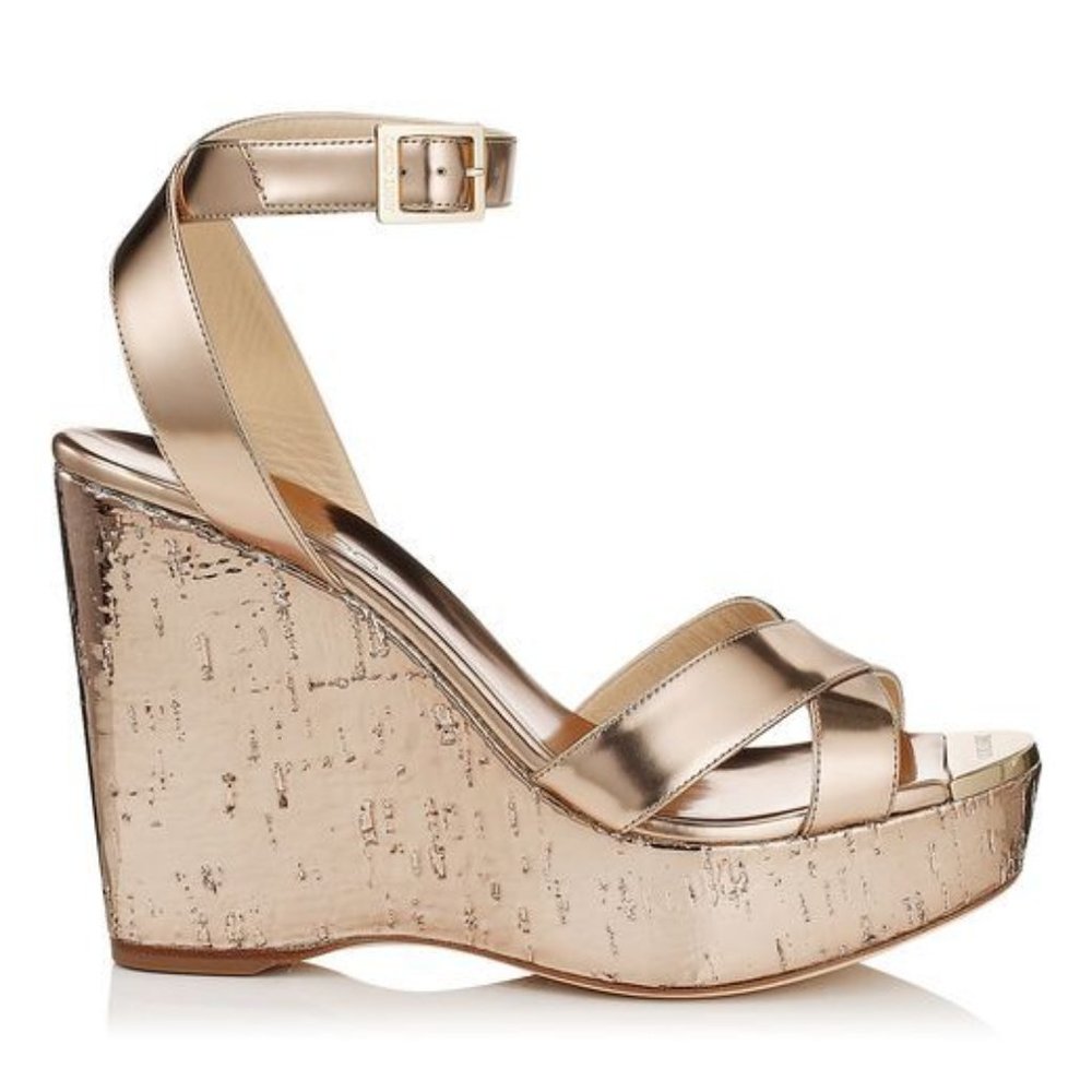 Jimmy Choo Gold Mirror Papyrus Patent Cork Wedges